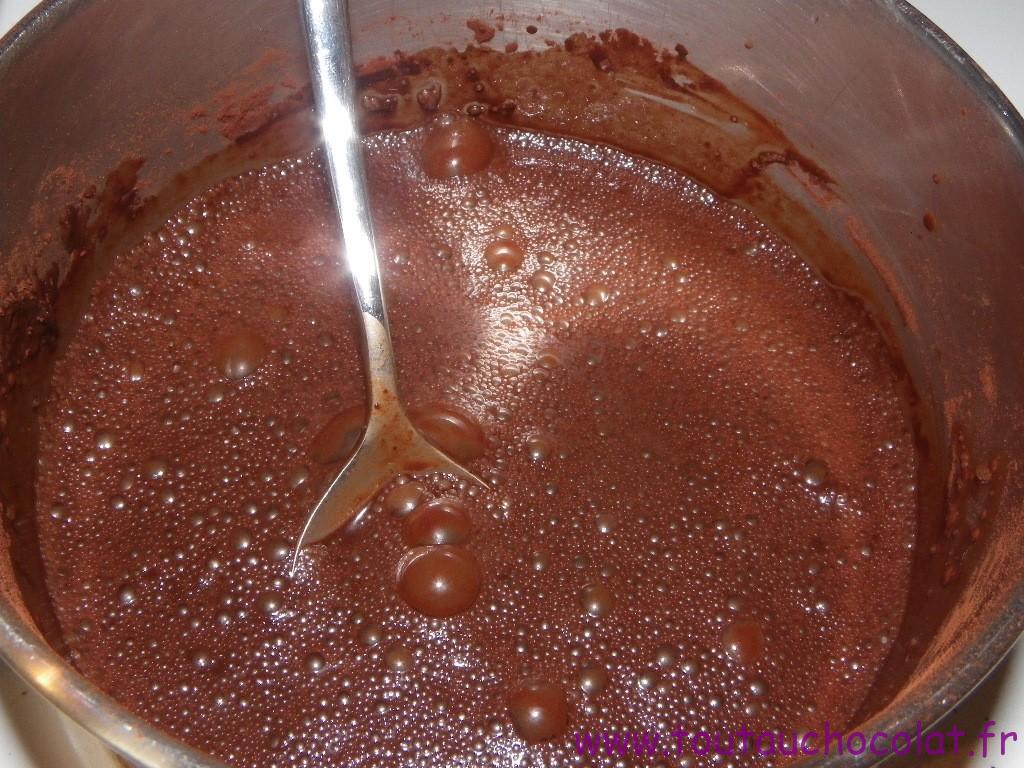 J’ai mis dans une casserole l’eau avec le cacao. J’ai fait chauffer à feu très doux tout en remuant pour bien dissoudre le cacao.